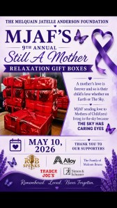 Flyer from 2026 Still a Mother Event for gift baskets on May 10 2026.